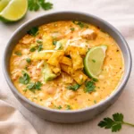 A bowl of Creamy White Chicken Chili with cilantro and lime garnishes.