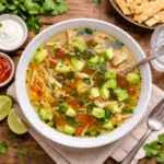 Crockpot Chicken Avocado Lime Soup in a ceramic bowl with toppings