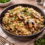 Easy Garlic Mushroom Rice Pilaf in a rustic skillet with fresh parsley