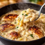Easy Marry Me Chicken Orzo in a skillet with creamy sauce and spinach