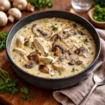 A bowl of Easy Rotisserie Chicken Mushroom Soup with sourdough bread.
