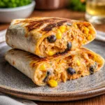 Easy Southwest Chicken Wrap with Creamy Taco Sauce sliced on a wooden board.