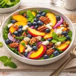 Fresh Blueberry Peach Feta Salad in a white bowl on a wooden table.