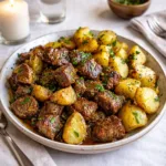 Slow cooker garlic butter beef bites and halved baby potatoes in a rustic bowl.