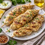 Juicy Garlic Parmesan Grilled Chicken skewers on a wooden board