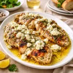 Greek Chicken with Lemon and Feta in a white baking dish