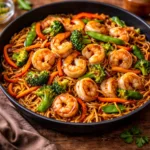 A steaming bowl of High-Protein Shrimp Stir Fry with Noodles on a wooden table.