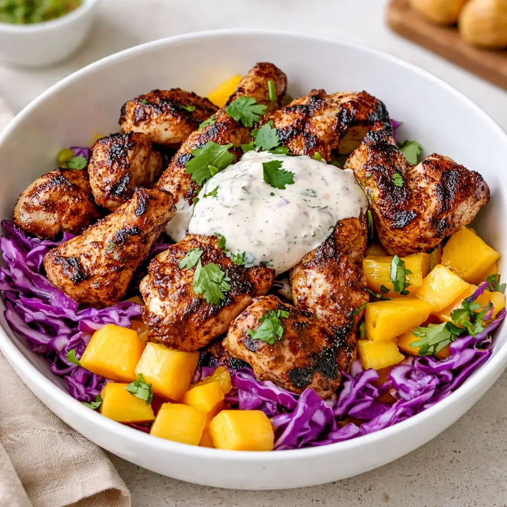 Jerk Chicken and Mango Slaw Bowls with Honey Lime Cream: A Caribbean Escape in 30 Minutes