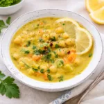 A bowl of golden Lemon Chickpea Soup with parsley and lemon slices.