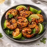 Margarita Grilled Shrimp Skewers on a wooden platter with limes