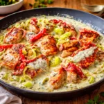 A delicious Pepperoncini Chicken Skillet in a cast iron pan.