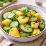 Fresh Pineapple Cucumber Salad in a white bowl on a wooden table.