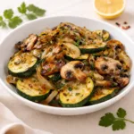 A bowl of Sauteed Zucchini Mushrooms And Onions garnished with parsley