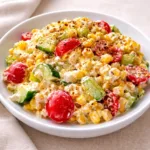 A large bowl of creamy Shoepeg Corn Salad with tomatoes and green peppers.
