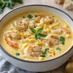 Creamy Shrimp and Corn Soup in a white bowl with fresh parsley.