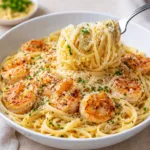 A golden-brown baked Shrimp Scampi Garlic Cream Pasta in a glass dish.