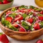 Simple Strawberry Romaine Feta Salad in a wooden bowl