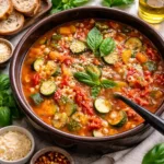Slow Cooker Italian Summer Soup in a rustic bowl with fresh basil