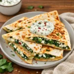 Crispy Spinach and Feta Quesadillas wedges on a wooden board