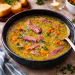 A bowl of creamy Split Pea Soup with ham and fresh thyme.