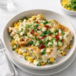 A bubbly Street Corn Chicken Casserole topped with cheese and cilantro.