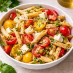 A large bowl of Summer Fresh Caprese Pasta Salad with heirloom tomatoes and basil.