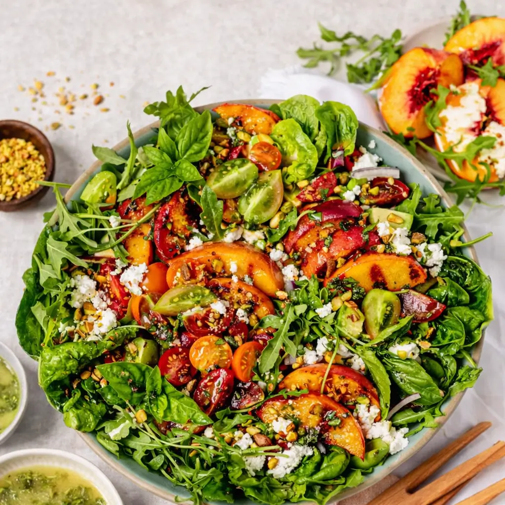 Summer Grilled Peach Salad with Basil Vinaigrette