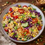 A vibrant bowl of Summer Ramen Noodle Salad with fresh vegetables and sesame seeds.