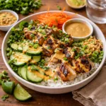 Thai Peanut Chicken Buddha Bowl with creamy peanut sauce and fresh vegetables.