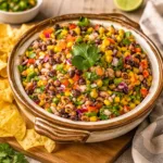 The Best Texas Caviar in a glass bowl with tortilla chips.