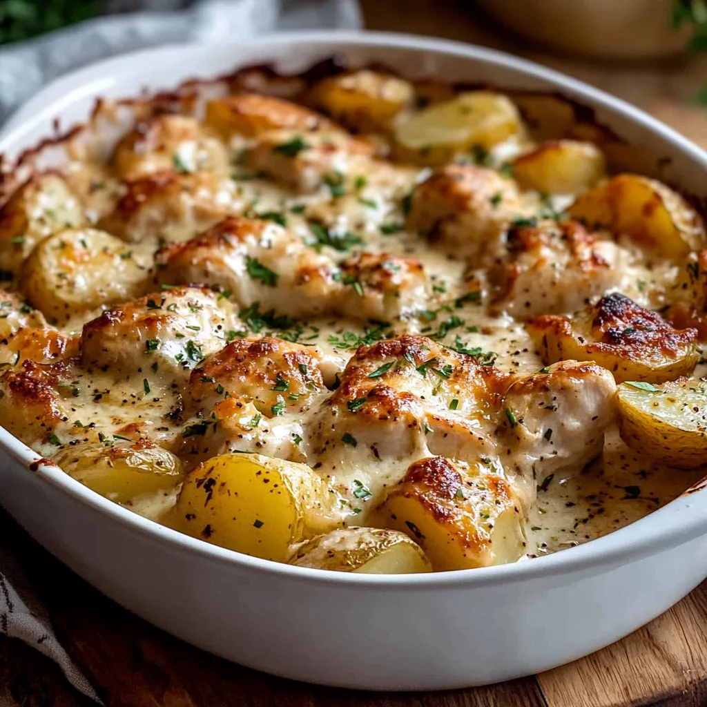 High Protein Creamy Garlic Cheesy Chicken and Potatoes