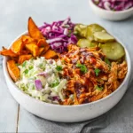 BBQ Chicken Bowls with Sweet Potatoes, Coleslaw, and Pickles Recipe