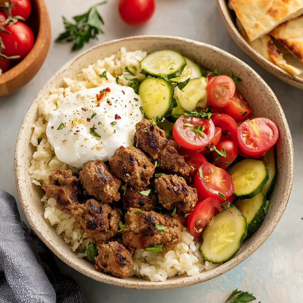 Gyro Bowls with Lamb Meatballs, Tzatziki, Lemon Rice &amp; Cucumber Salad