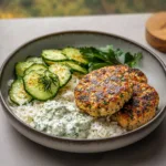 Herby Turkey Burgers with Za’atar Cucumber Salad, Tzatziki & Buttery Rice