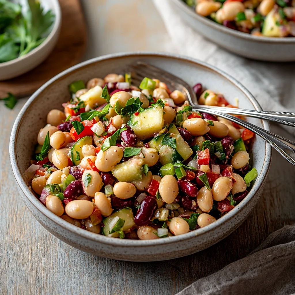 Healthy High Protein Three Bean Salad – Quick and Nutritious Mediterranean-Style Recipe with Beans, Herbs &amp; Crisp Veggies