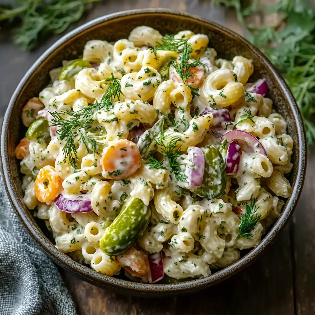 High Protein Dill Pickle Pasta Salad with Creamy Herb Dressing