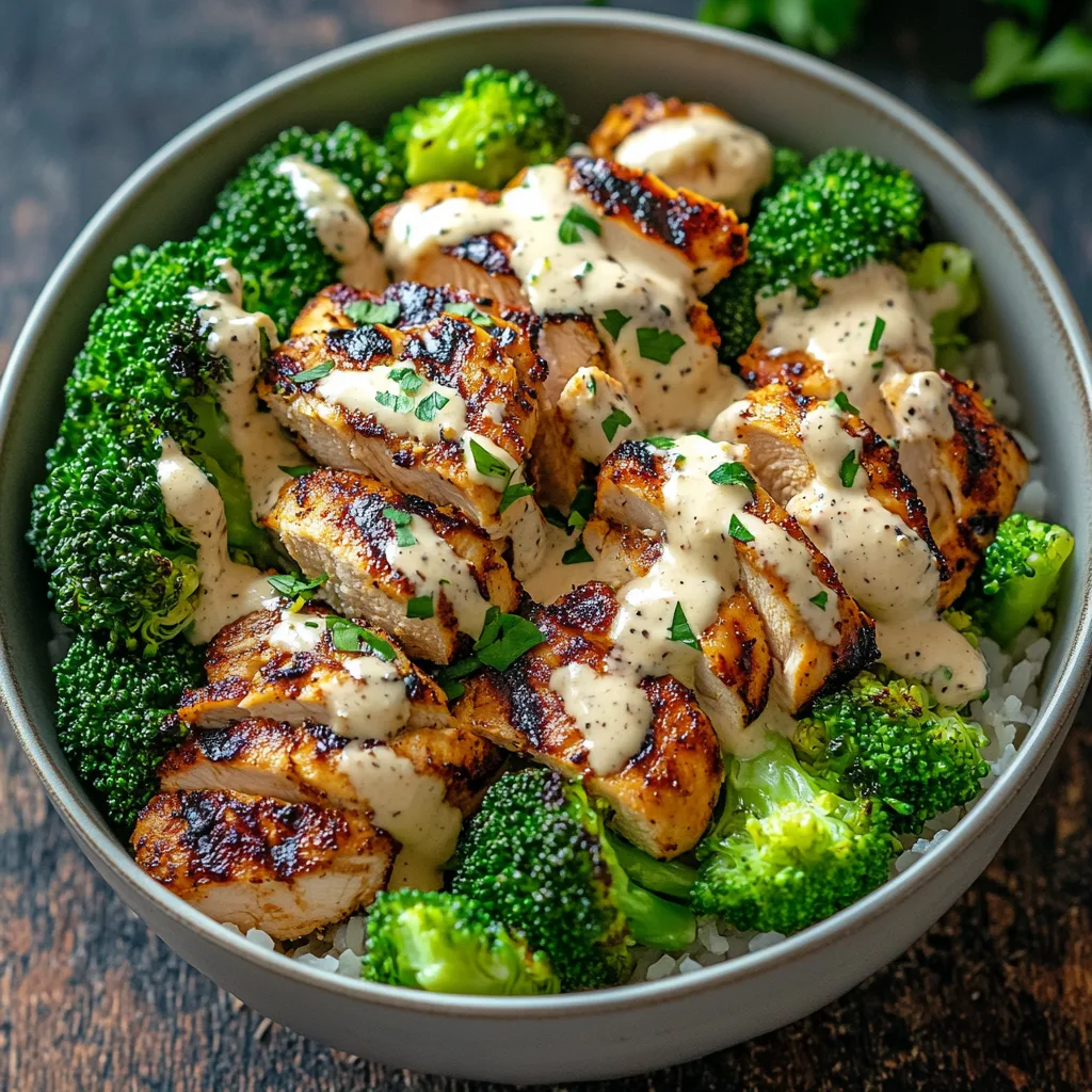 Grilled Chicken & Broccoli Bowls with Creamy Garlic Sauce