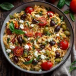 Greek Orzo with Tomatoes, Feta, Olives, and Fresh Basil – A Flavorful Mediterranean Delight
