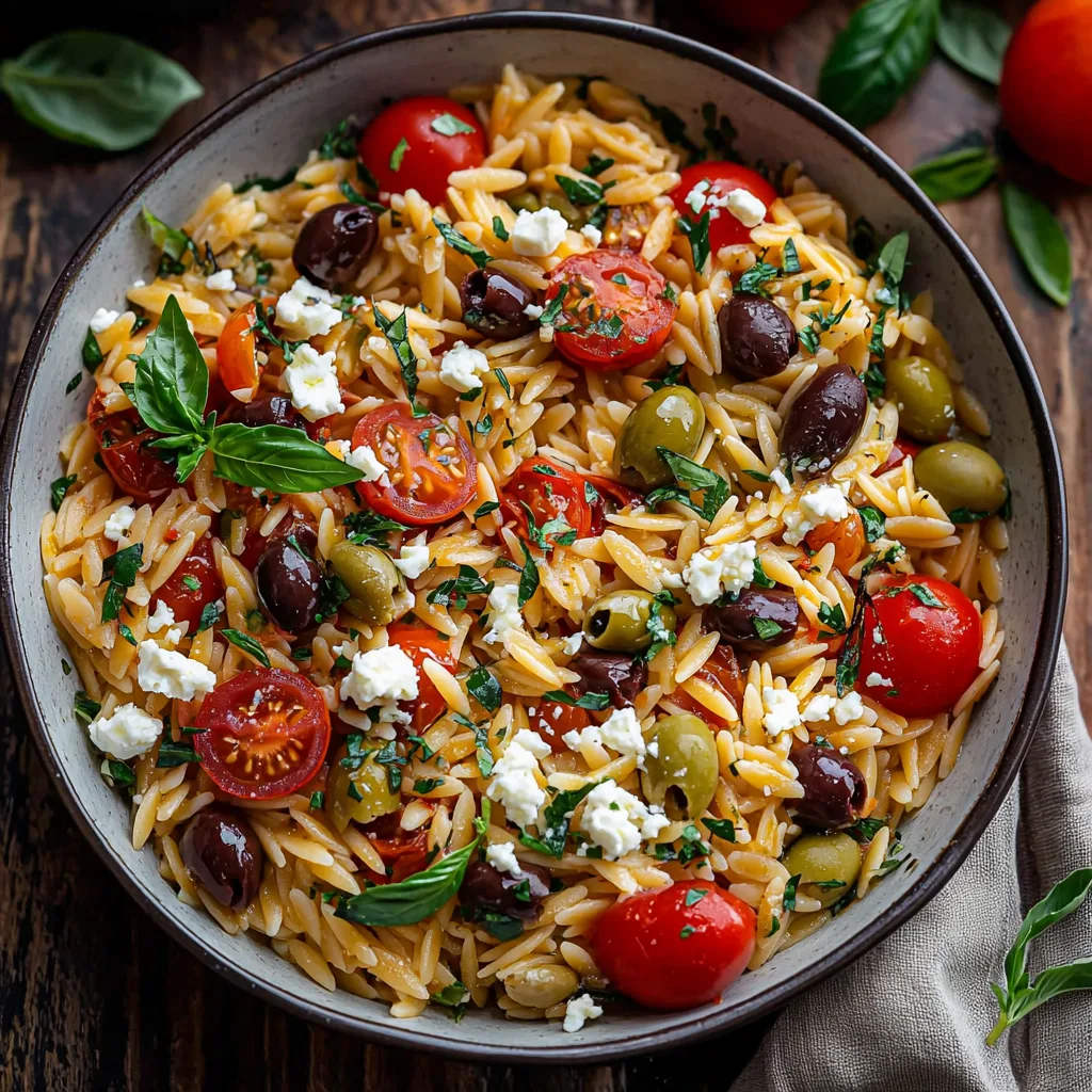 Greek Orzo with Tomatoes, Feta, Olives, and Fresh Basil – A Flavorful Mediterranean Delight