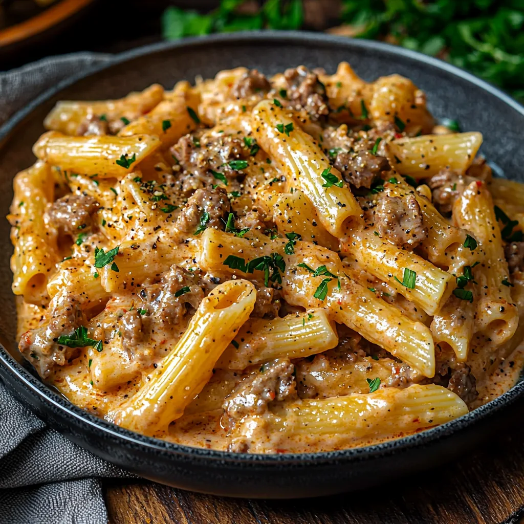 High Protein Creamy Beef Pasta with a Whisk