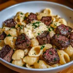 Steak Bites and Shell Pasta in Garlic Butter Alfredo Sauce
