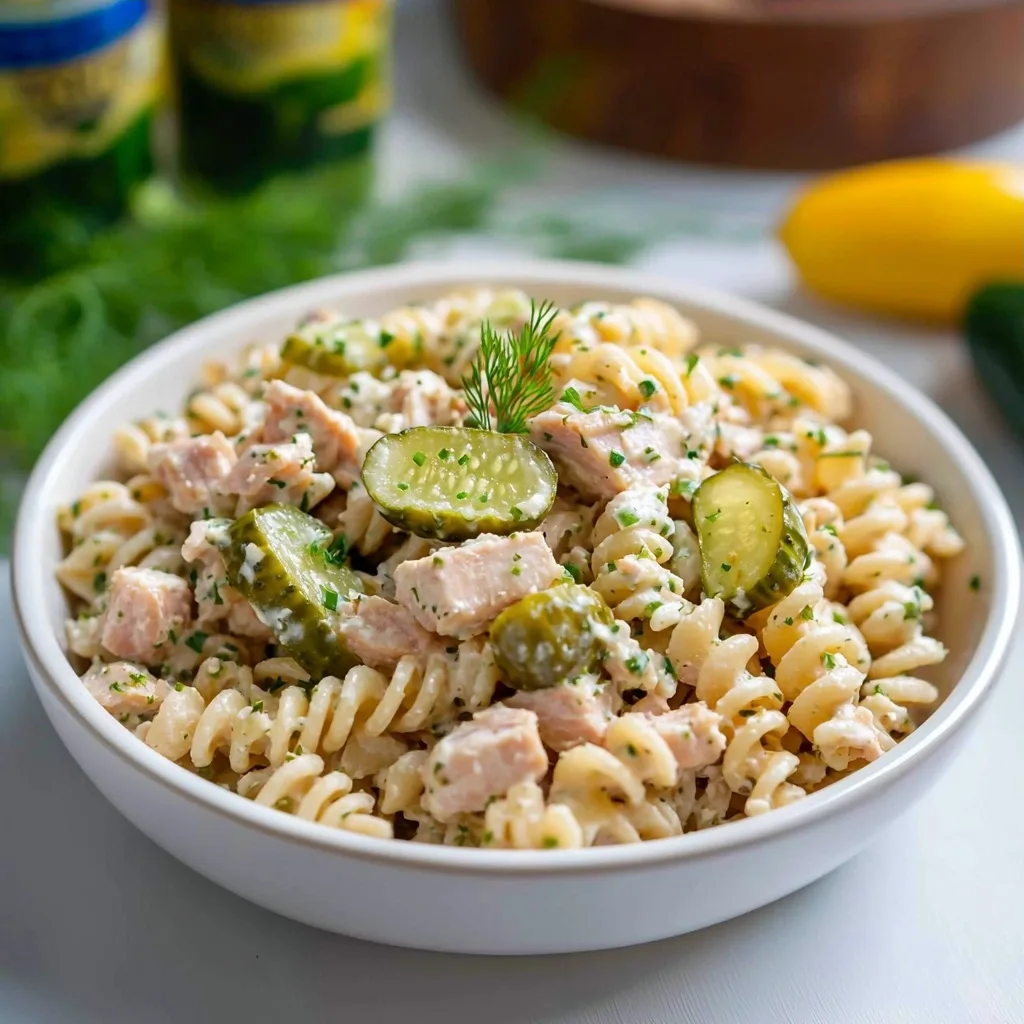 High Protein Dill Pickle Tuna Pasta Salad