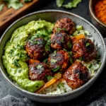 Barbecue Meatball Bowls with Creamy Avocado Sauce