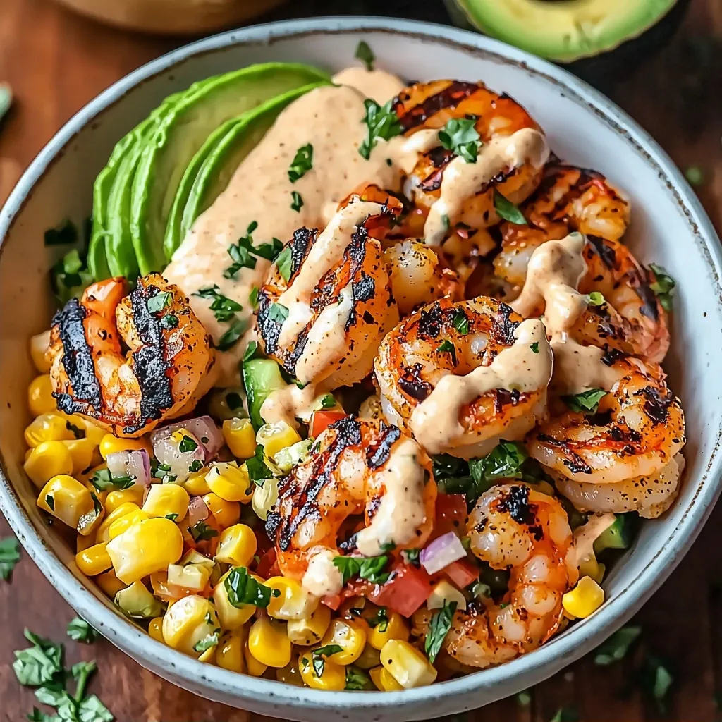 Grilled Shrimp Bowl with Avocado, Corn Salsa & Creamy Sauce