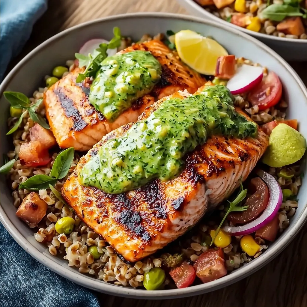 Pan-Seared Salmon Bowls with Green Goddess Sauce and Farro