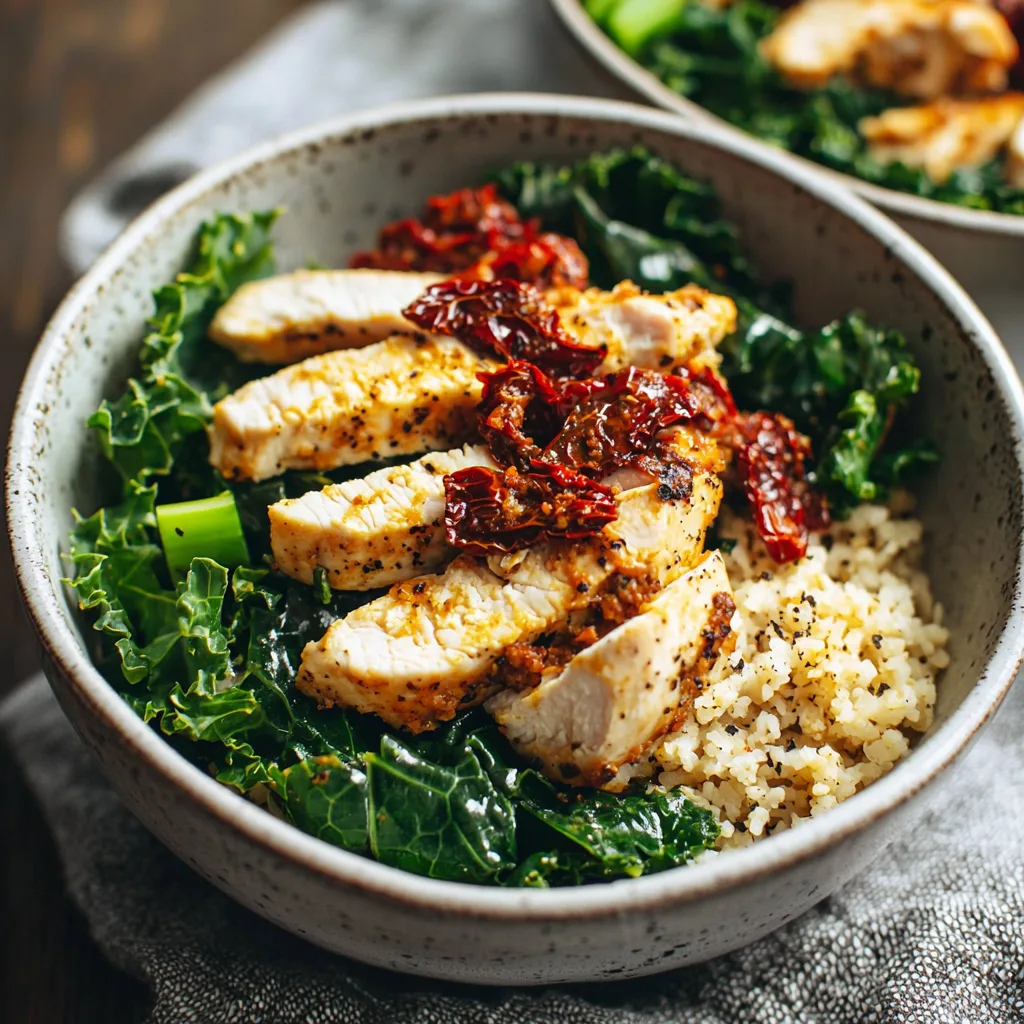 Marinated Kale and Chicken Bowls with Sun Dried Tomato Sauce