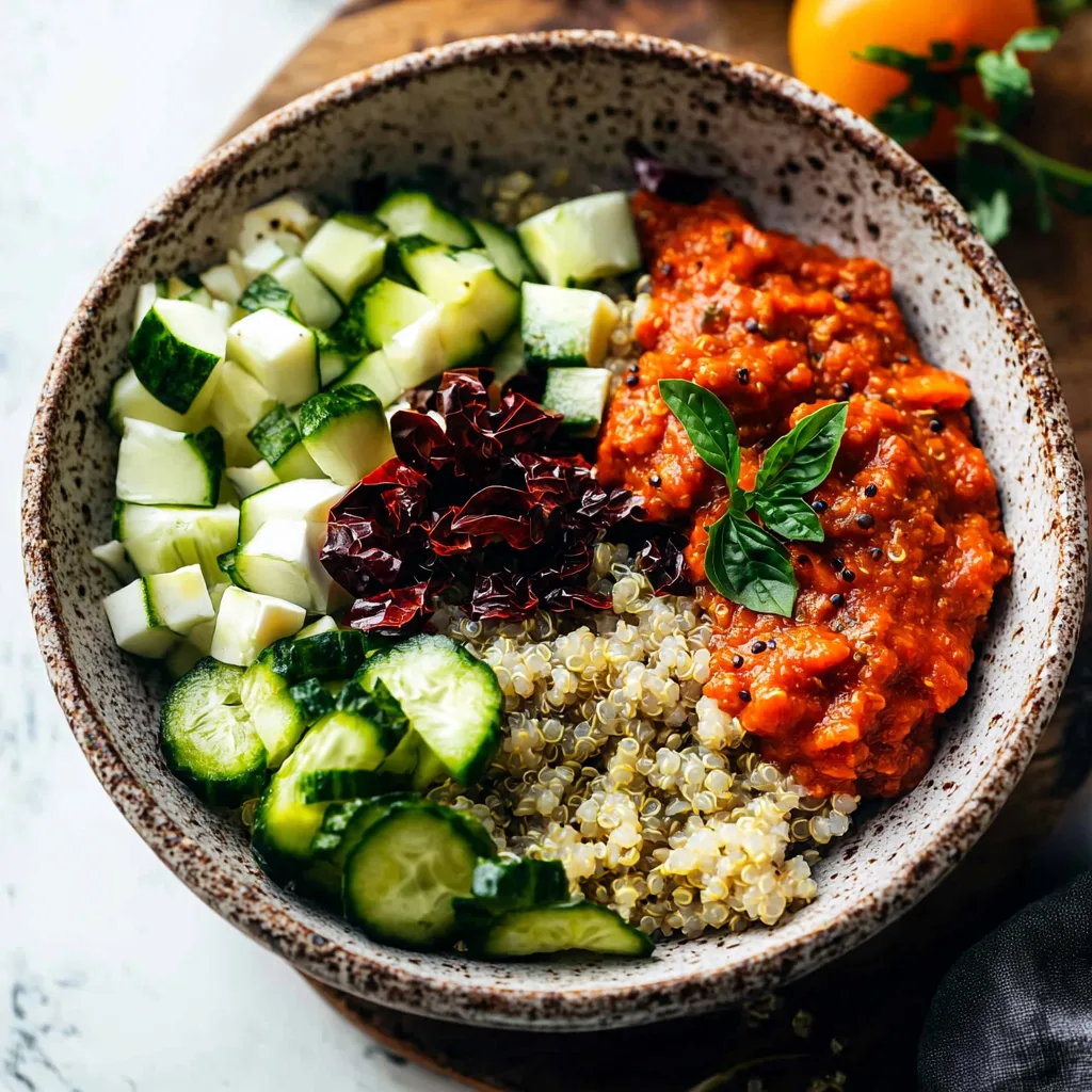 Mediterranean Quinoa Bowls with Roasted Red Pepper Sauce