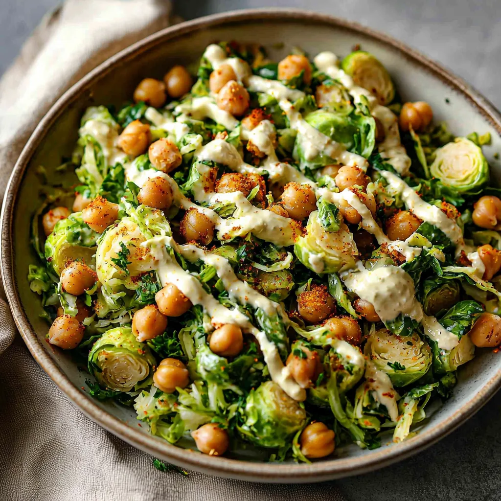Shaved Brussels Sprouts Salad with Chickpeas and Lemon Tahini