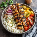Mediterranean Rice Bowl with Grilled Chicken Tawook Skewers