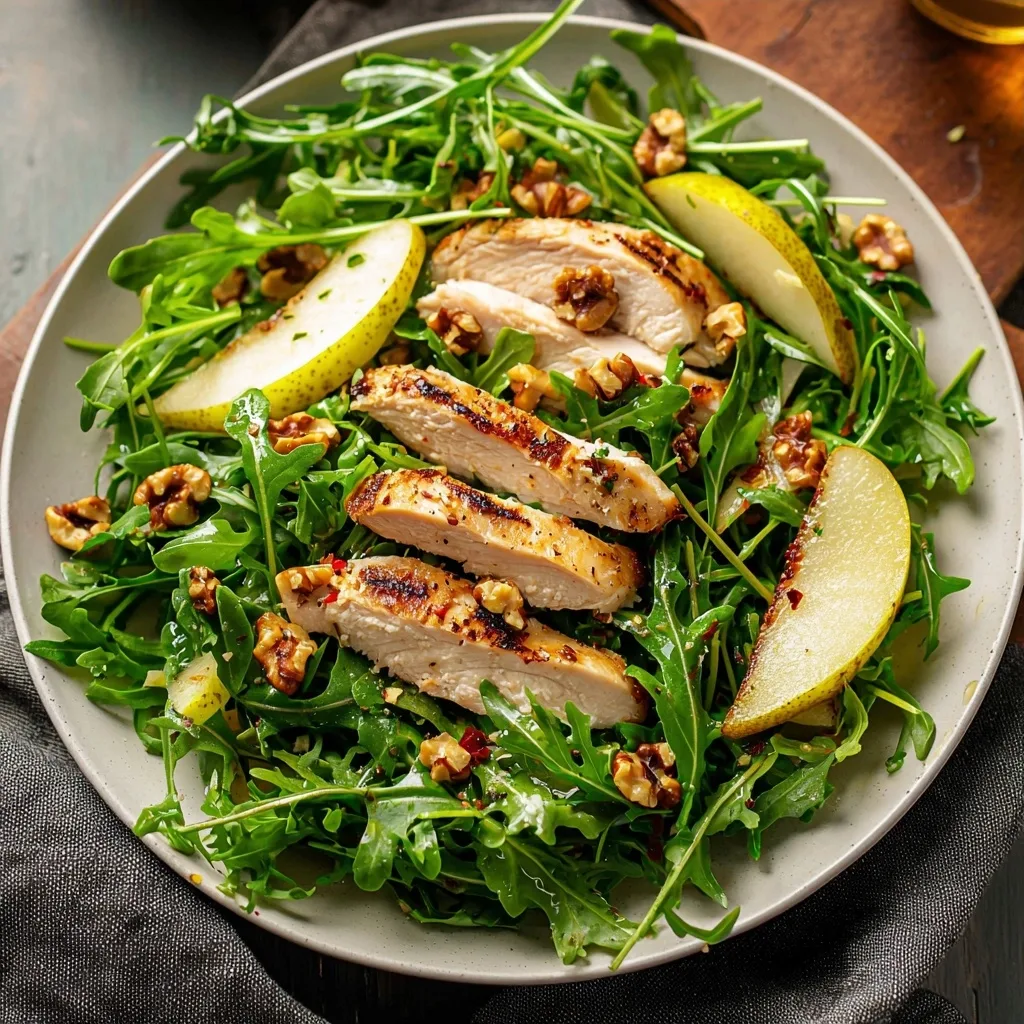 Grilled Chicken Arugula Salad with Pears and Walnuts